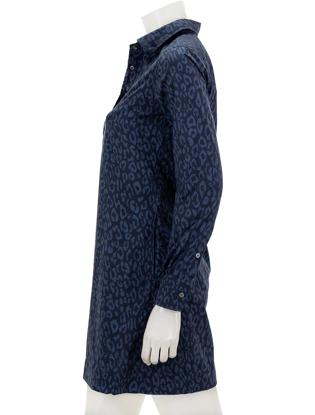 Side view of Ann Mashburn's long sleeve popover dress in blue and navy leopard.