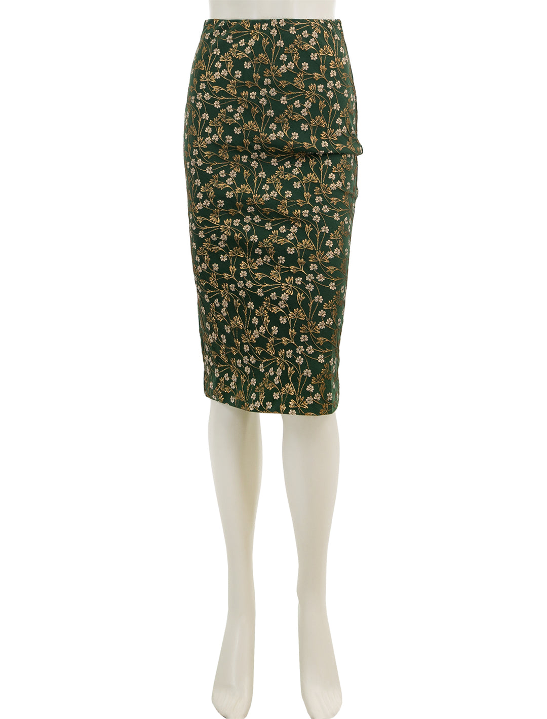 Front view of Ann Mashburn's pull-on skirt in hunter and gold jacquard.