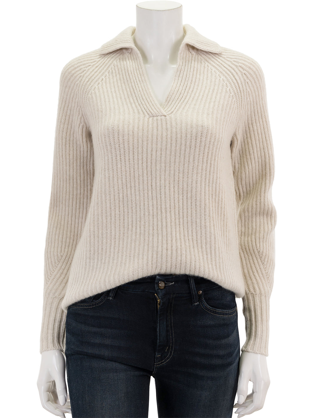 Front view of Ann Mashburn's blair johnny collar sweater in heather wheat.