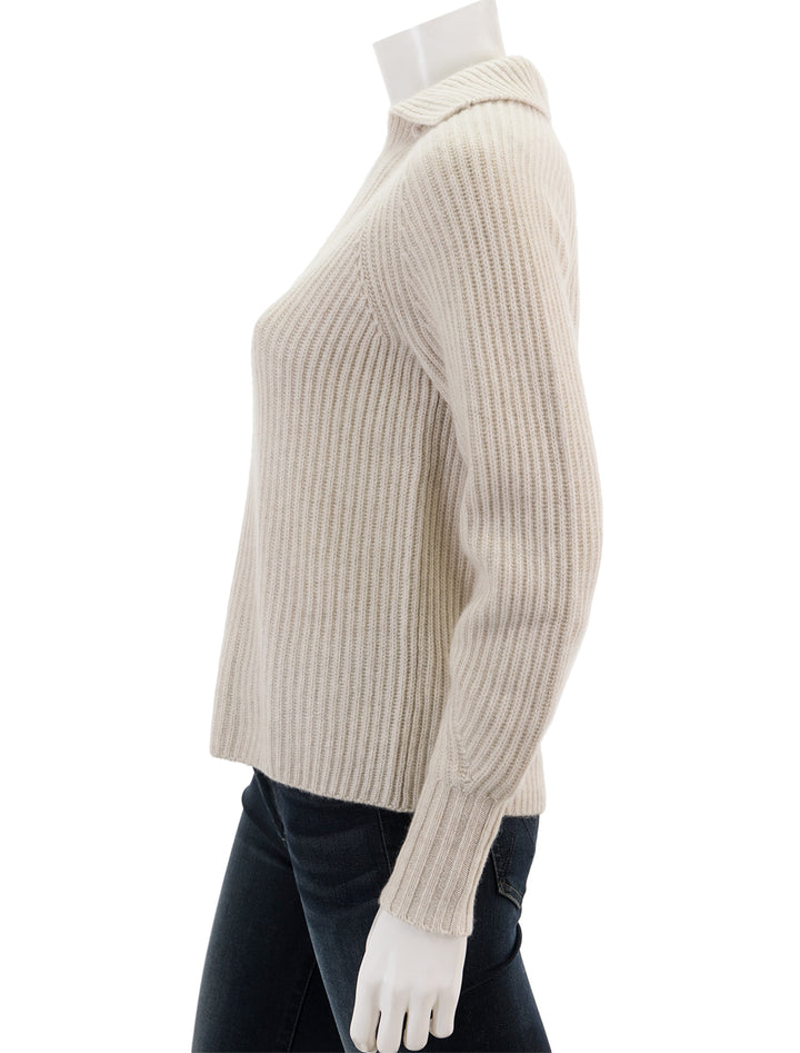 Side view of Ann Mashburn's blair johnny collar sweater in heather wheat.