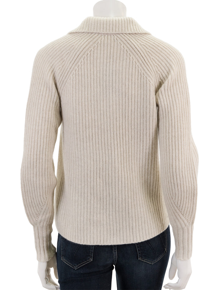 Back view of Ann Mashburn's blair johnny collar sweater in heather wheat.