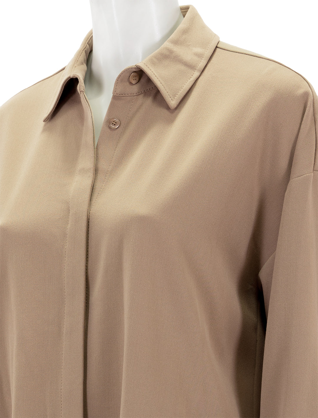 Close-up view of STAUD's Colton Shirt in Camel.