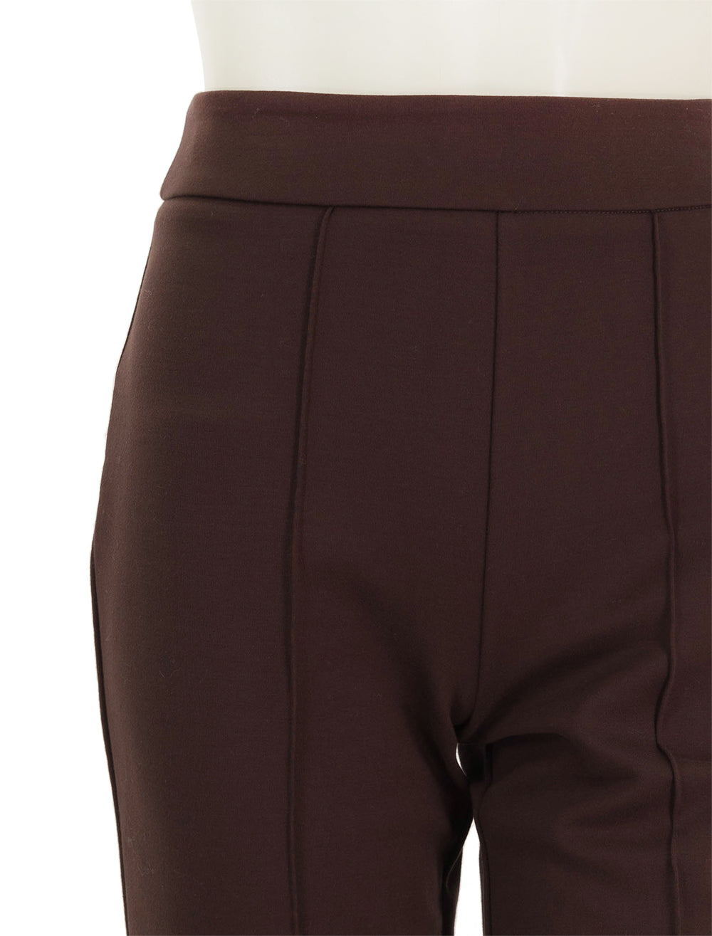 Close-up view of Staud's knack pant in dark chocolate.