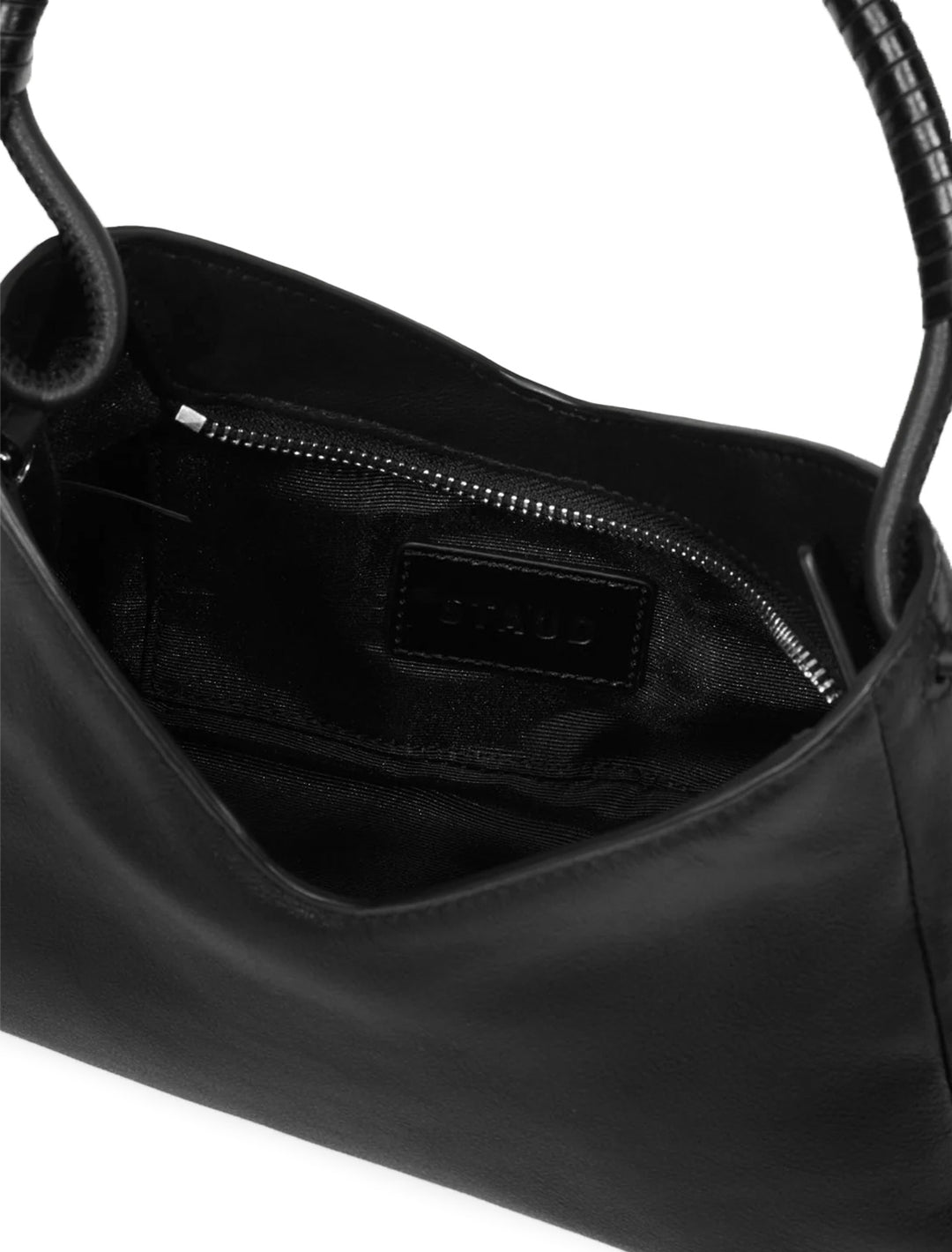 Close-up view of STAUD's valerie shoulder bag in black.