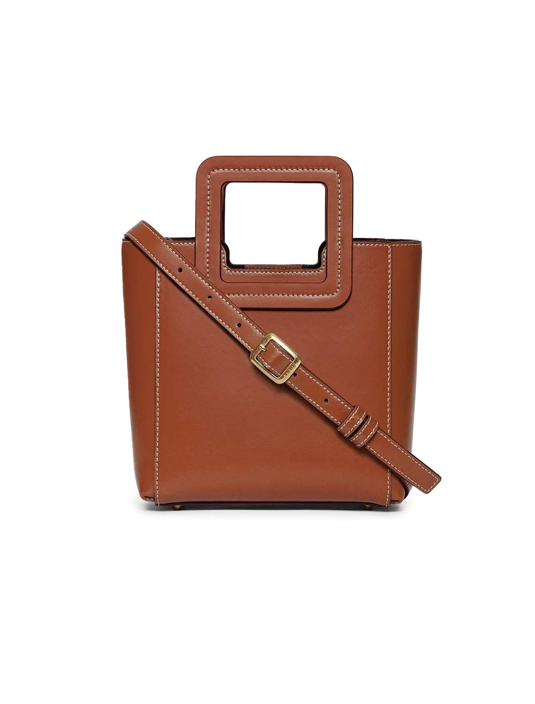 Front view of STAUD's mini shirley leather bag in tan.