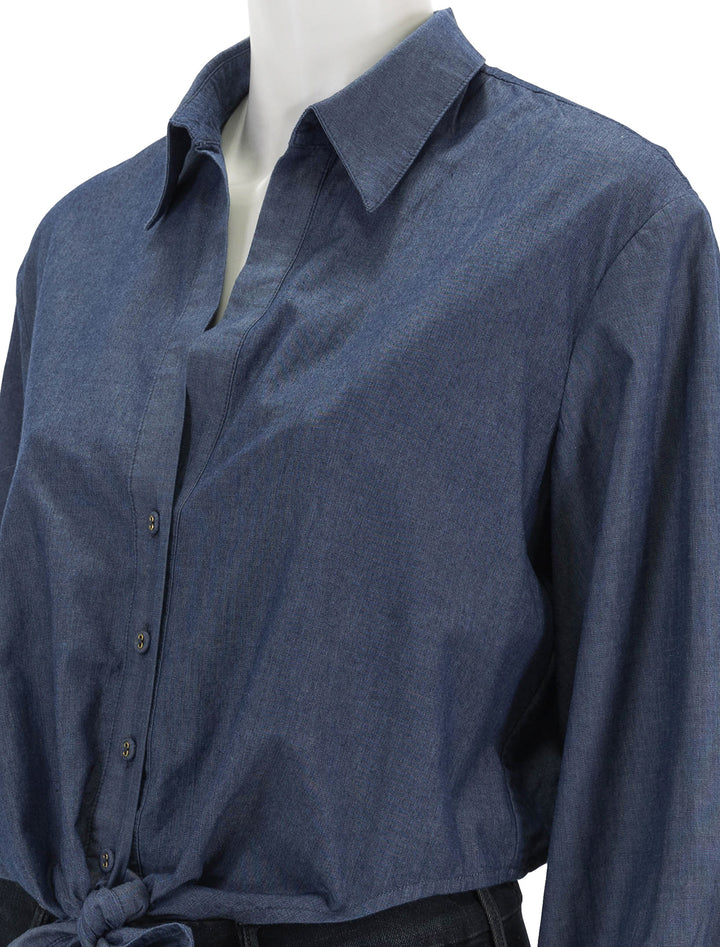 Close-up view of Cara Cara's rumson top in chambray.