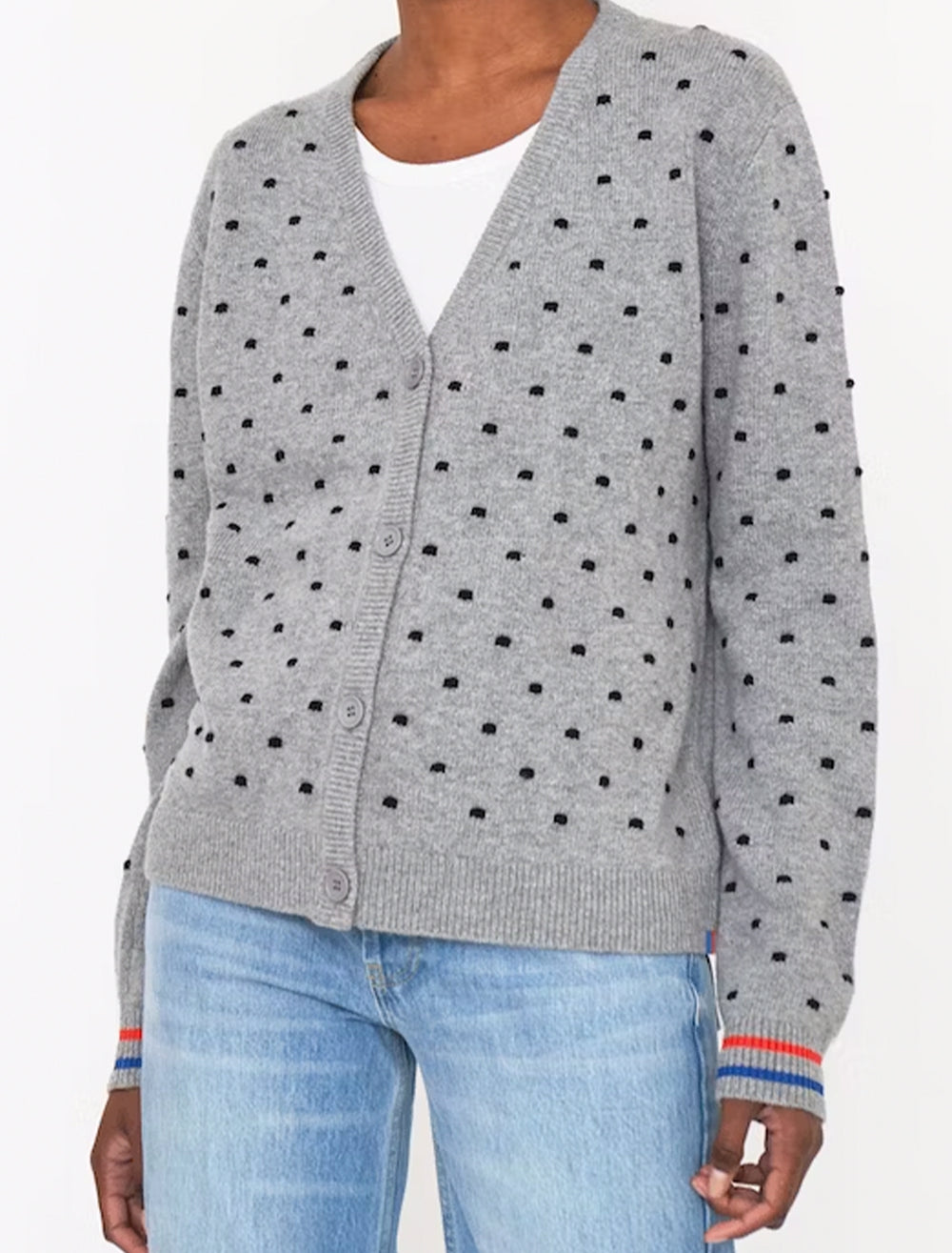 Model wearing KULE's the dottie in heather grey.