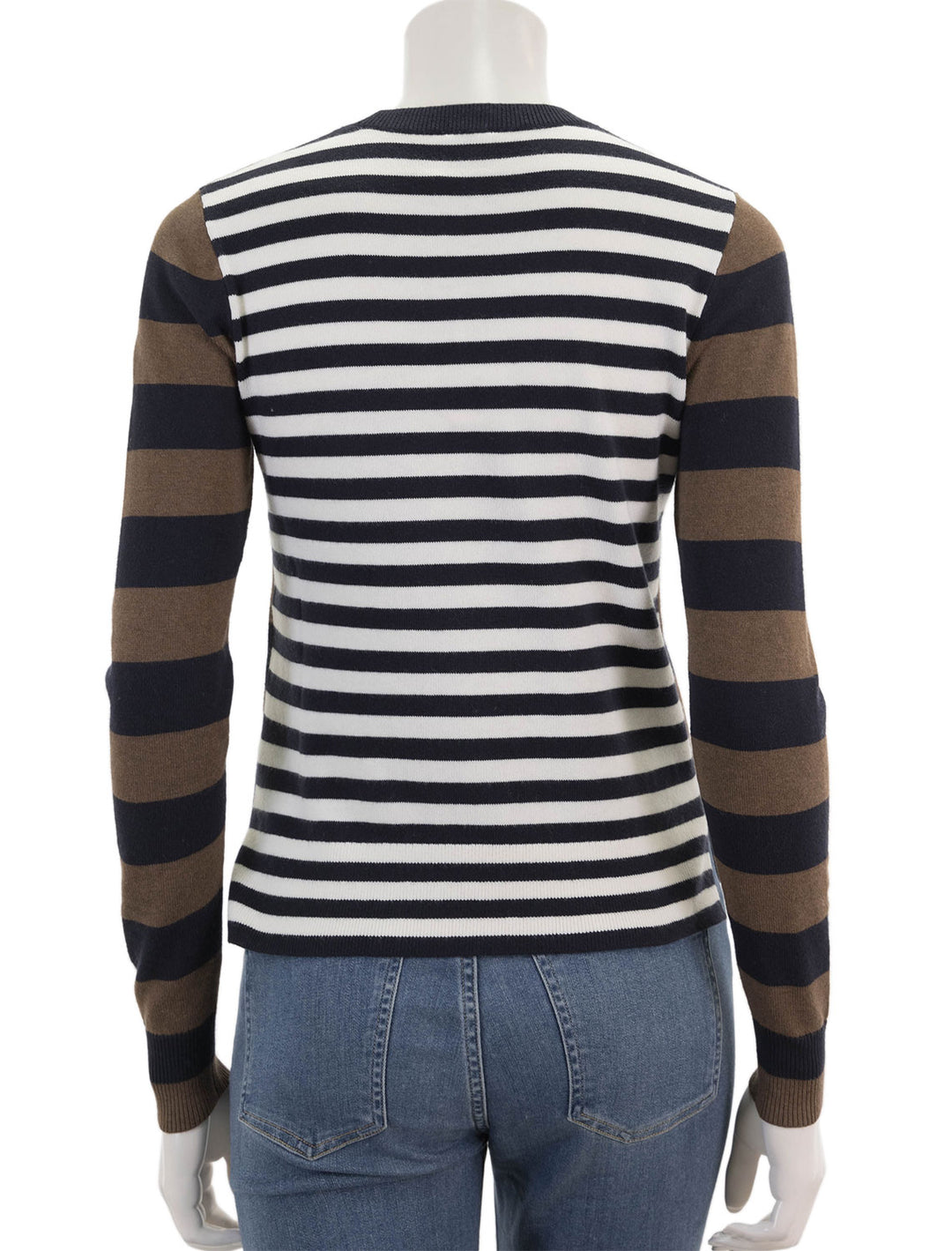Back view of KULE's gemini sweater in walnut navy and white.