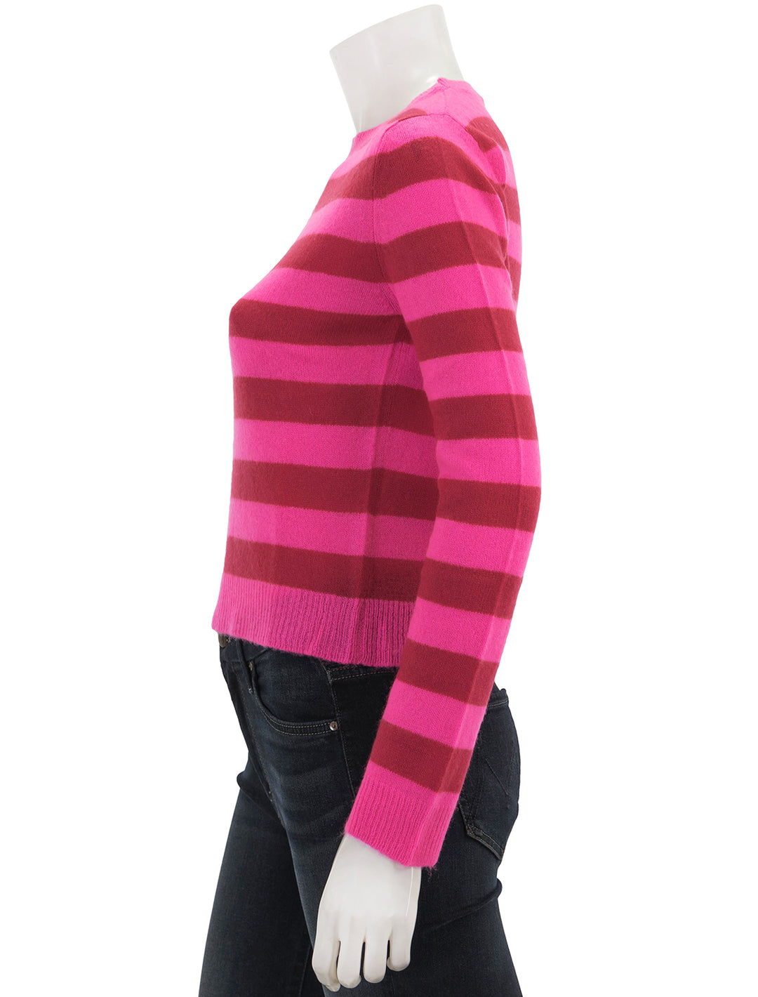 Side view of Jumper 1234's stripe crew in hot pink stripe.