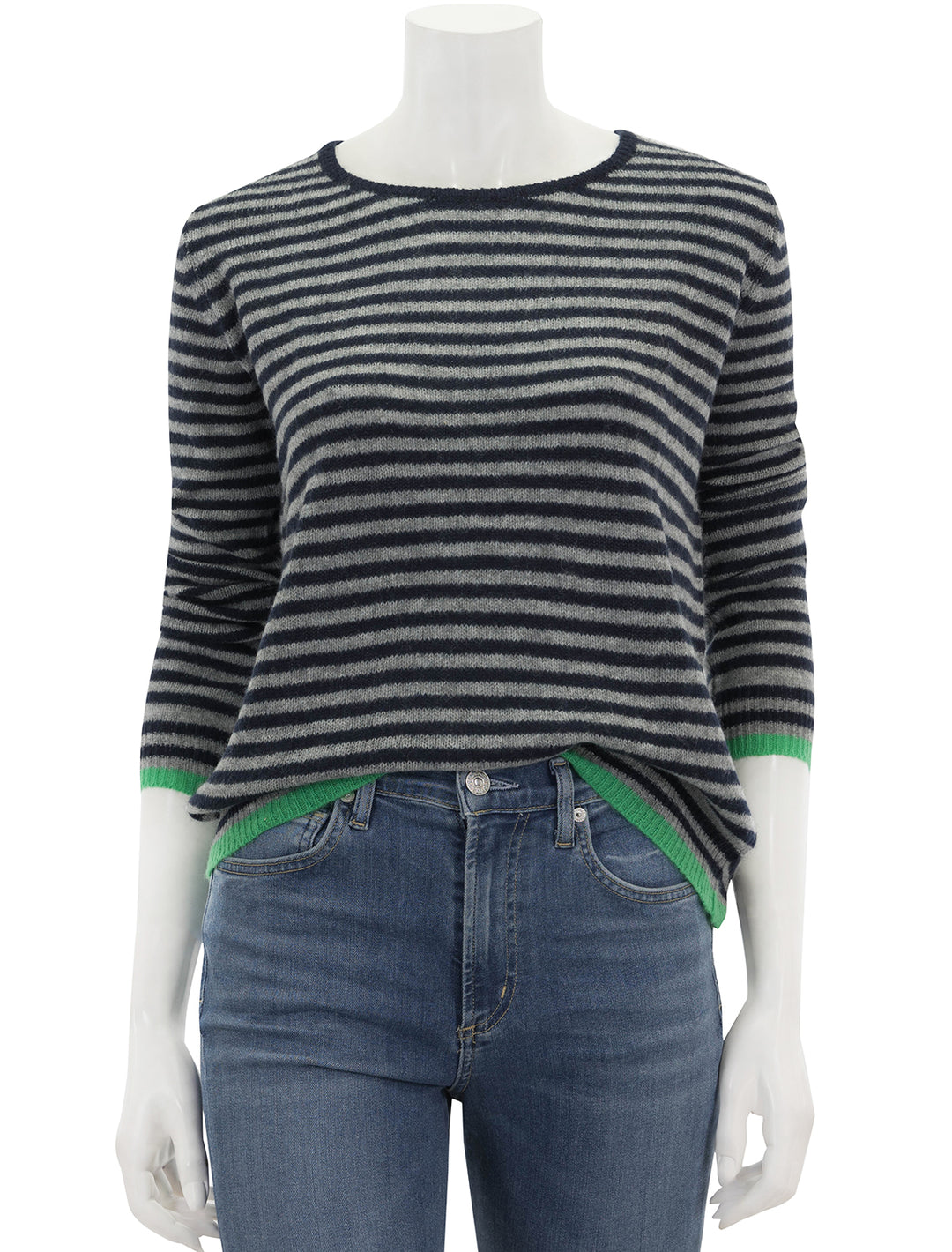 Front view of Jumper 1234's little stripe crew in navy, grey and green.