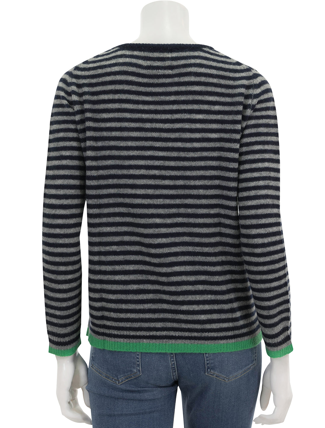 Back view of Jumper 1234's little stripe crew in navy, grey and green.