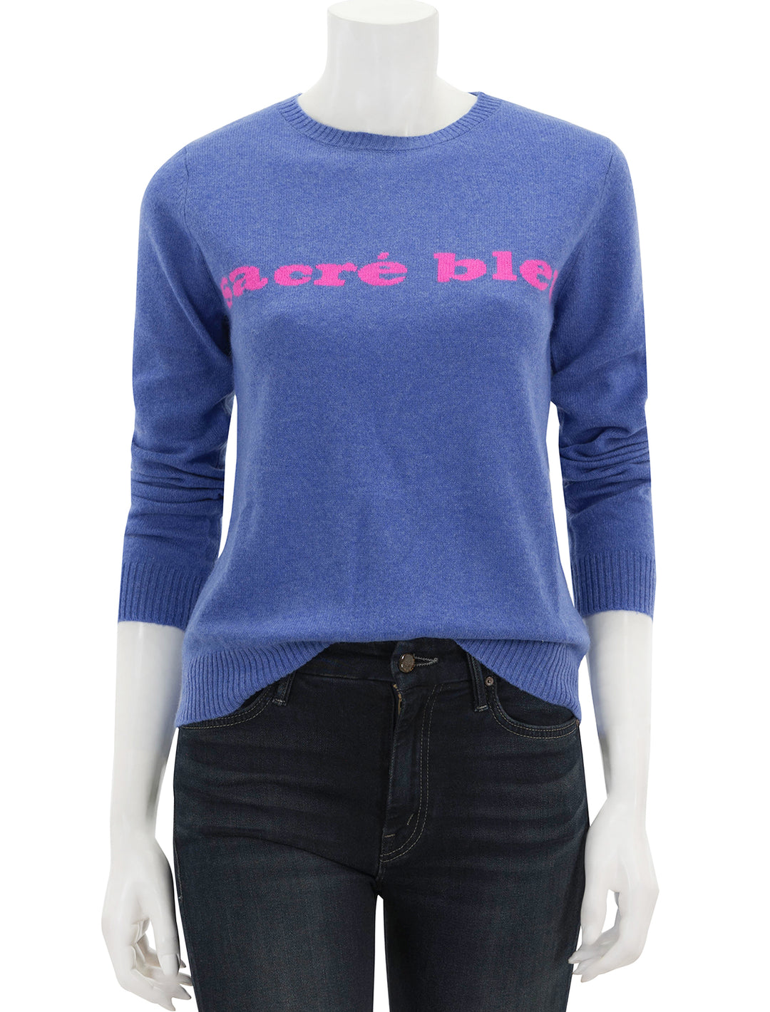 Front view of Jumper 1234's sacre bleu crew in periwinkle and hot pink.