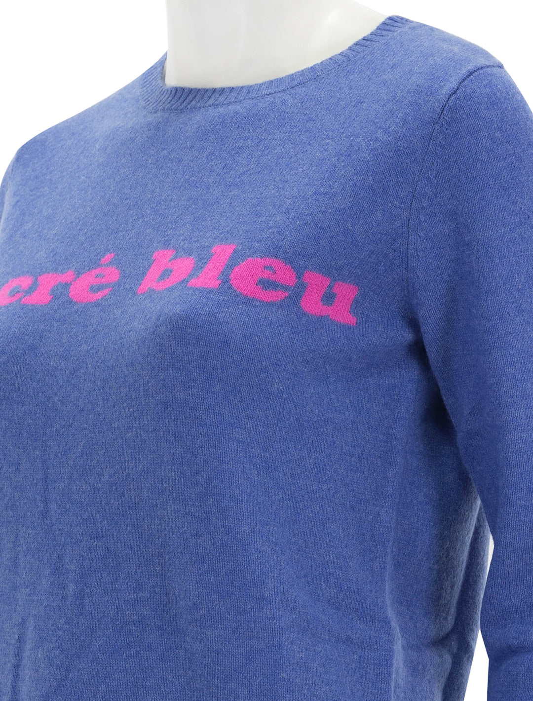 Close-up view of Jumper 1234's sacre bleu crew in periwinkle and hot pink.