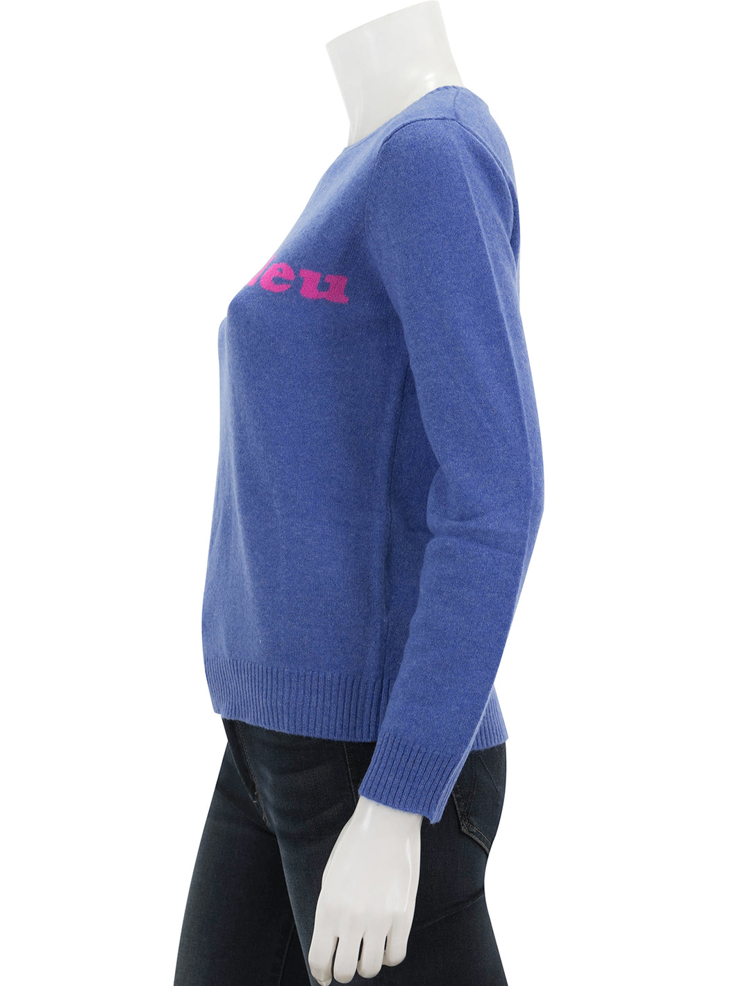 Side view of Jumper 1234's sacre bleu crew in periwinkle and hot pink.