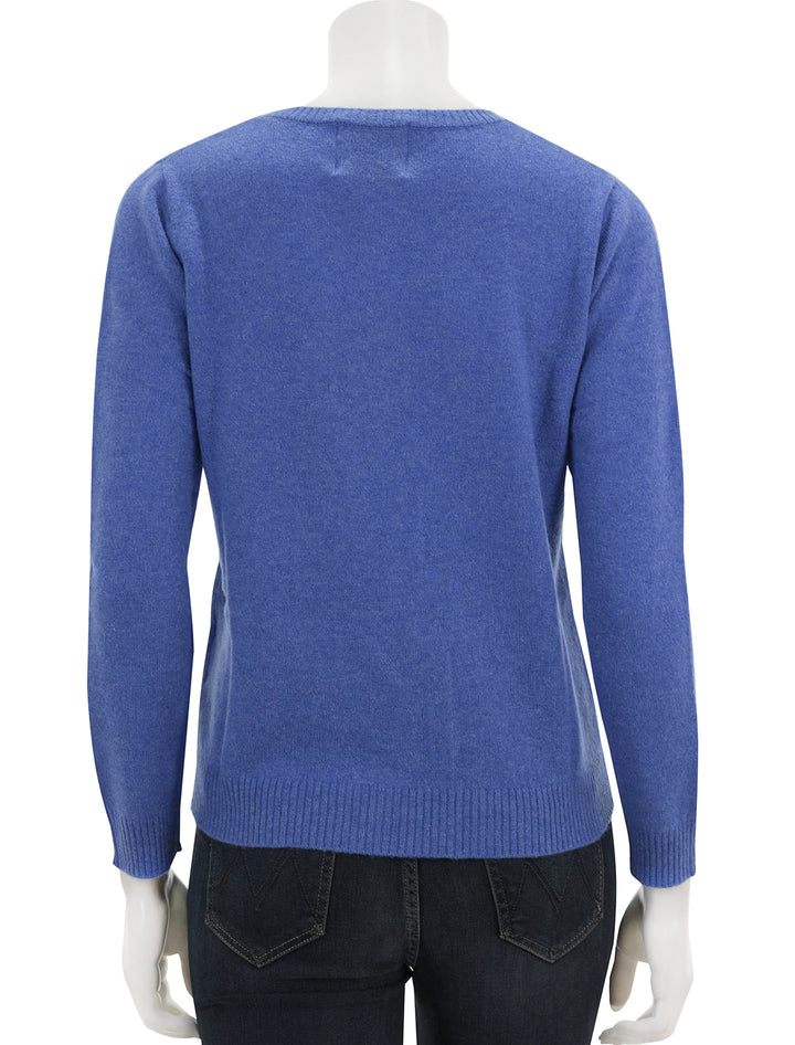 Back view of Jumper 1234's sacre bleu crew in periwinkle and hot pink.