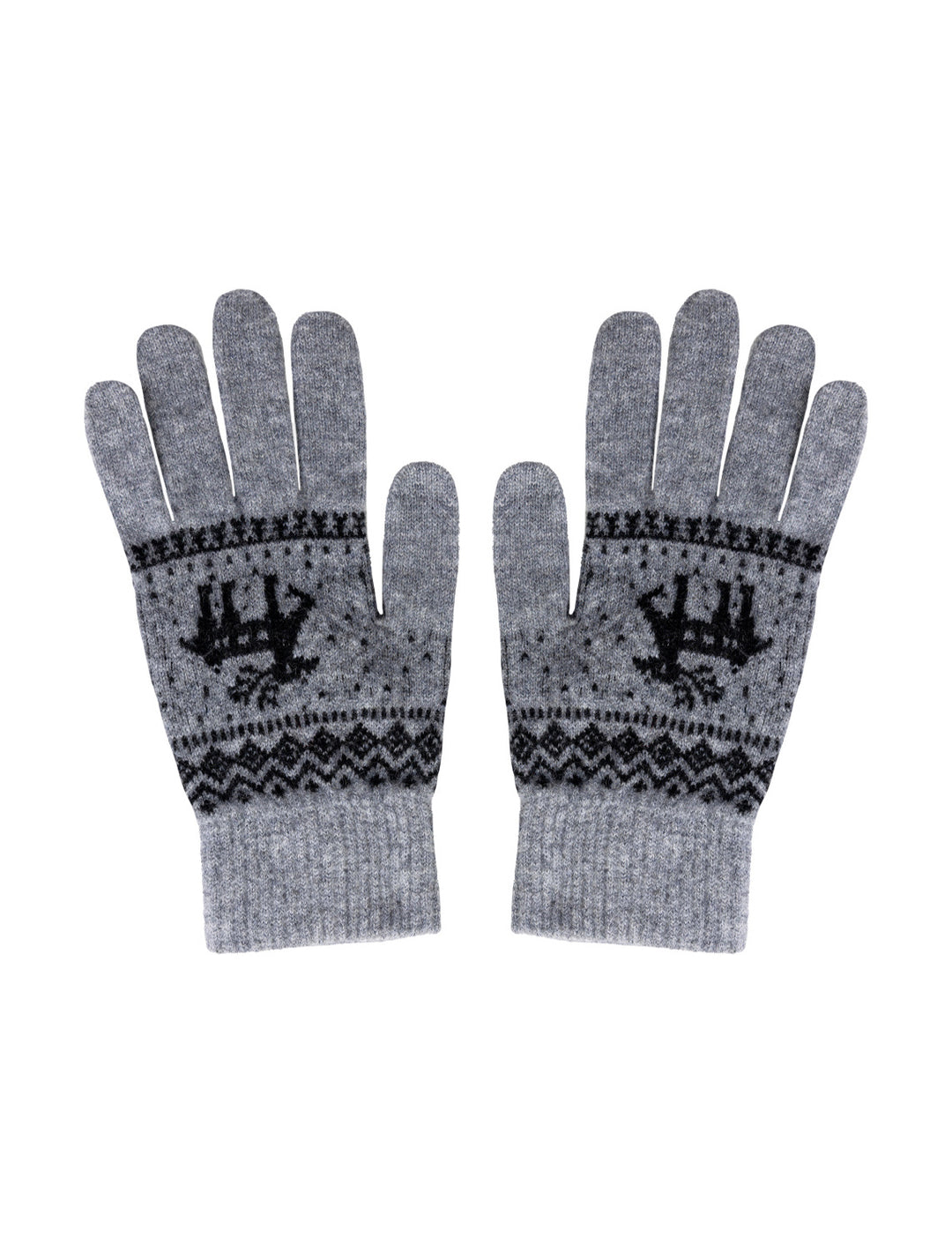 Overhead view of Jumper 1234's reindeer gloves in cloudy and black