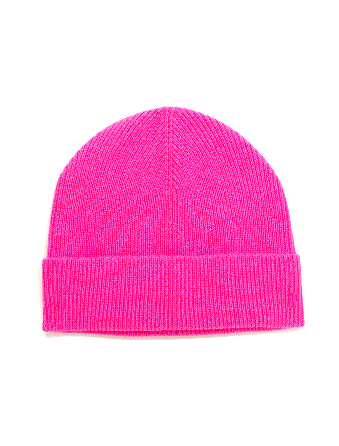 Front view of Jumper 1234's ribbed turnback hat in hot pink.