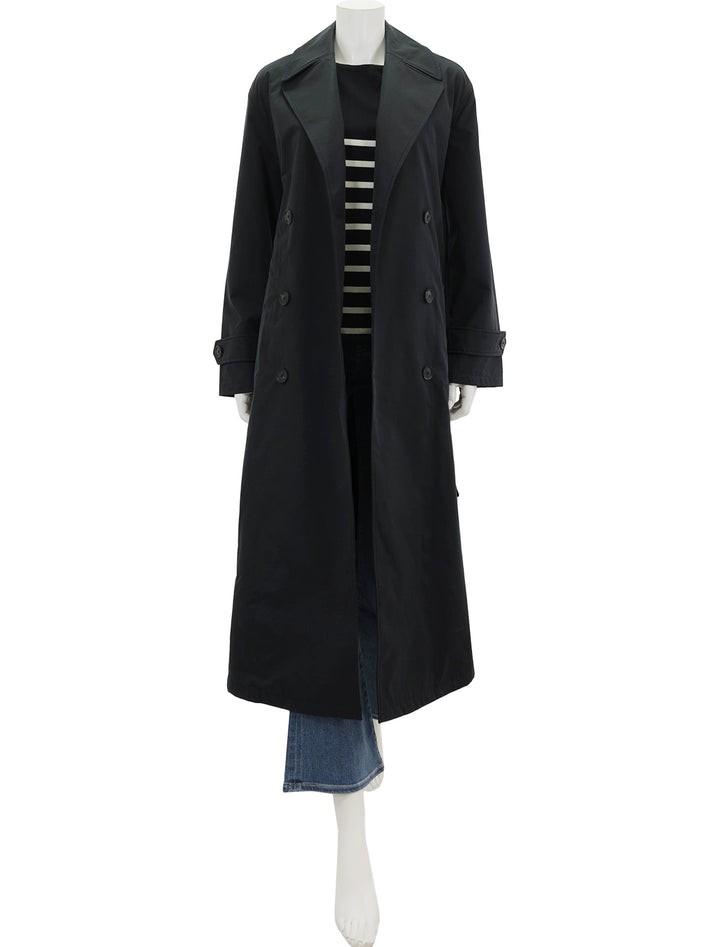 Front view of Nili Lotan's louis oversized trench in dark navy, worn open.