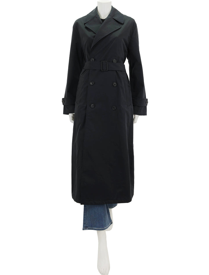 Front view of Nili Lotan's louis oversized trench in dark navy, buttoned and belted.