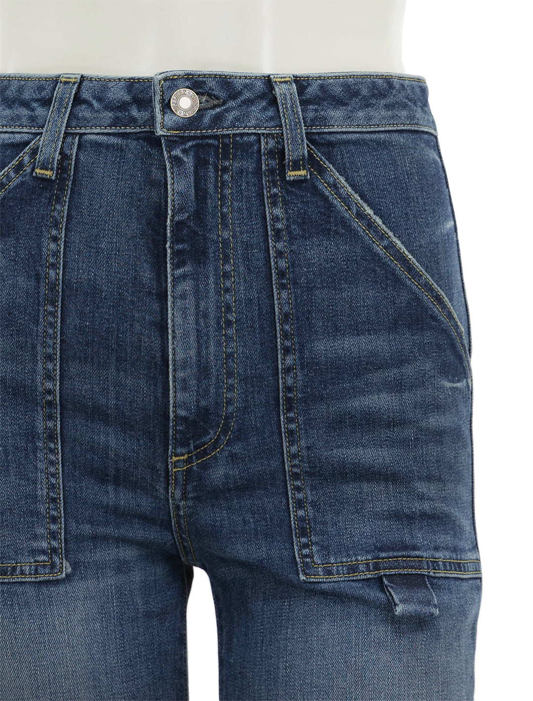 Close-up view of Nili Lotan's quentin jean in classic wash.