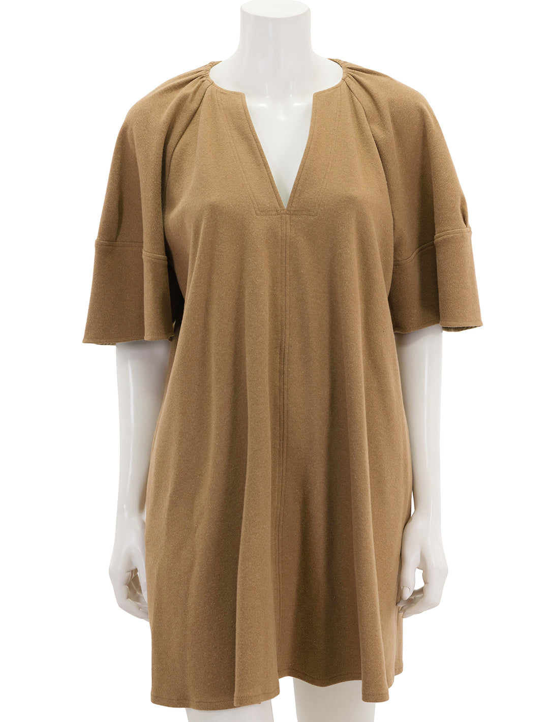 front view of beate dress in camel
