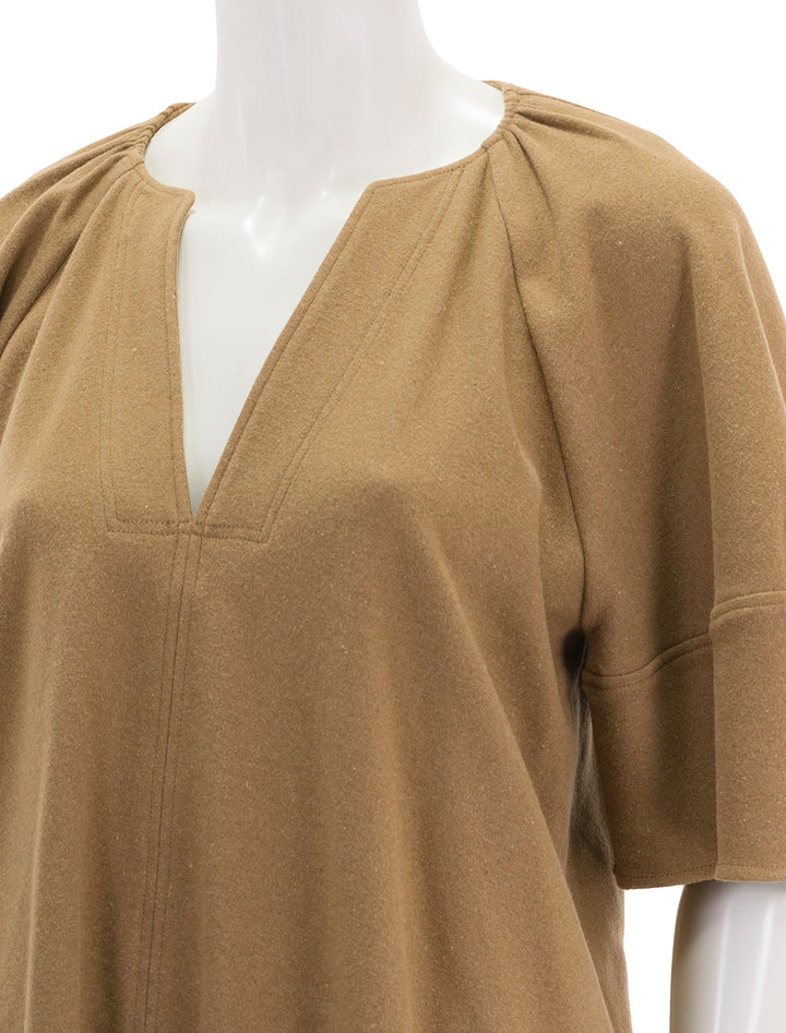 close up view of beate dress in camel
