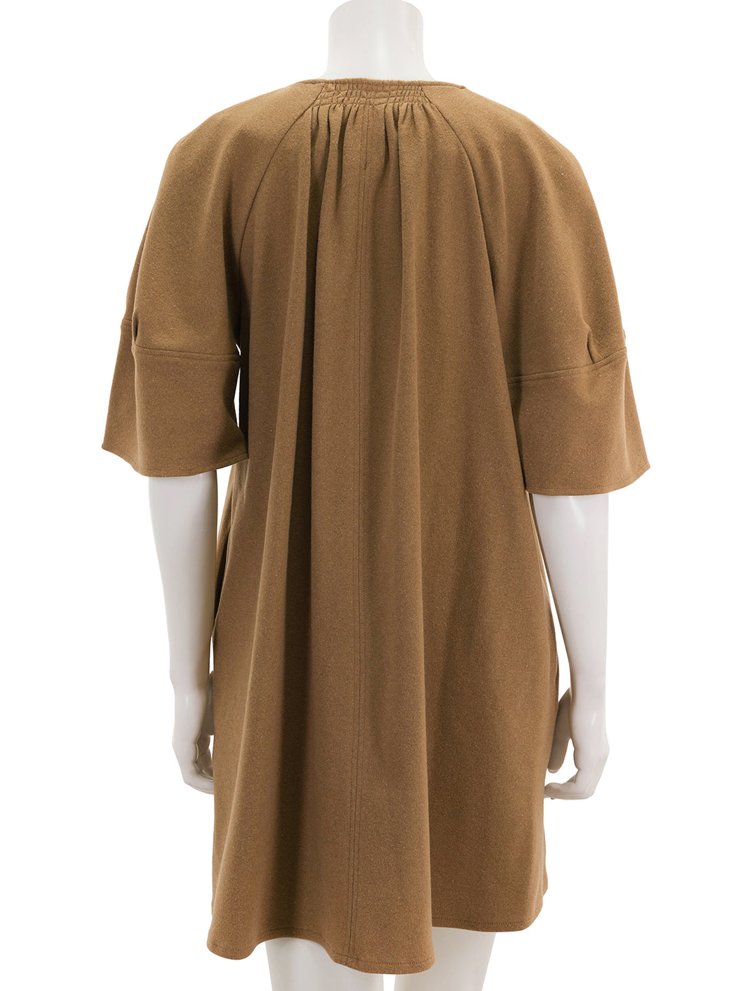 back view of beate dress in camel