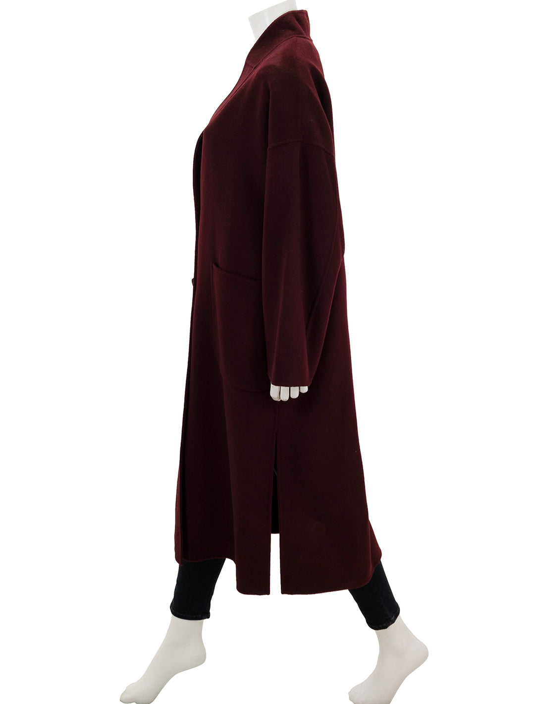 side view of bachir coat in bordeaux