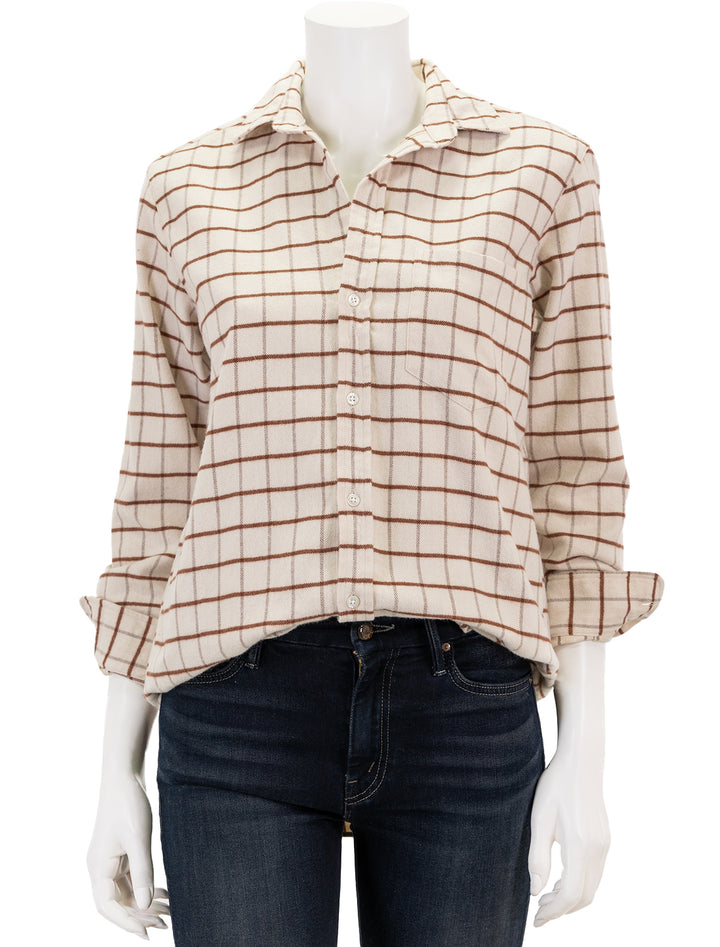 Front view of Frank & Eileen's joedy shirt in cream and brown windowpane.