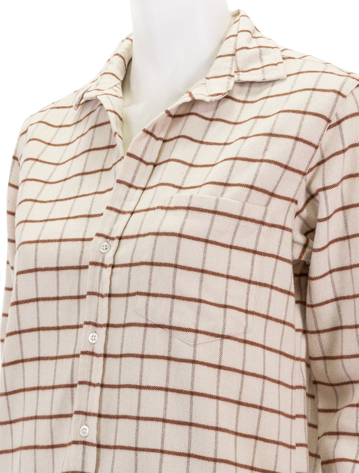 Close-up view of Frank & Eileen's joedy shirt in cream and brown windowpane.