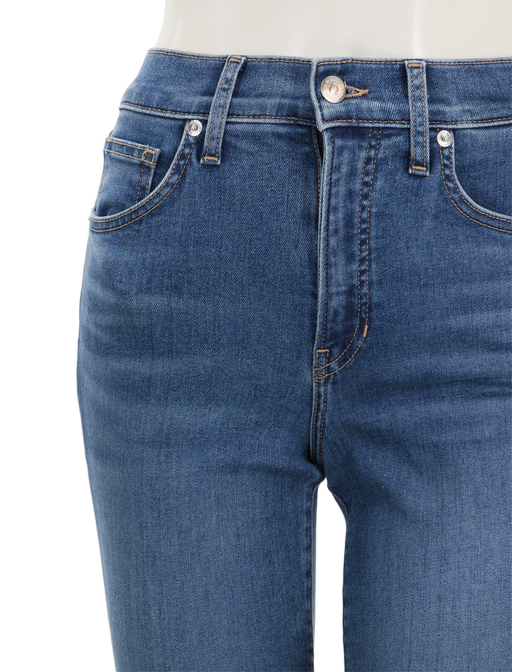 Close-up view of Veronica Beard's cameron bootcut with raw hem in serendipity.