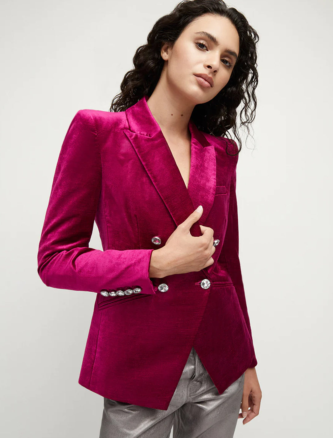Model wearing Veronica Beard's elam dickey jacket.