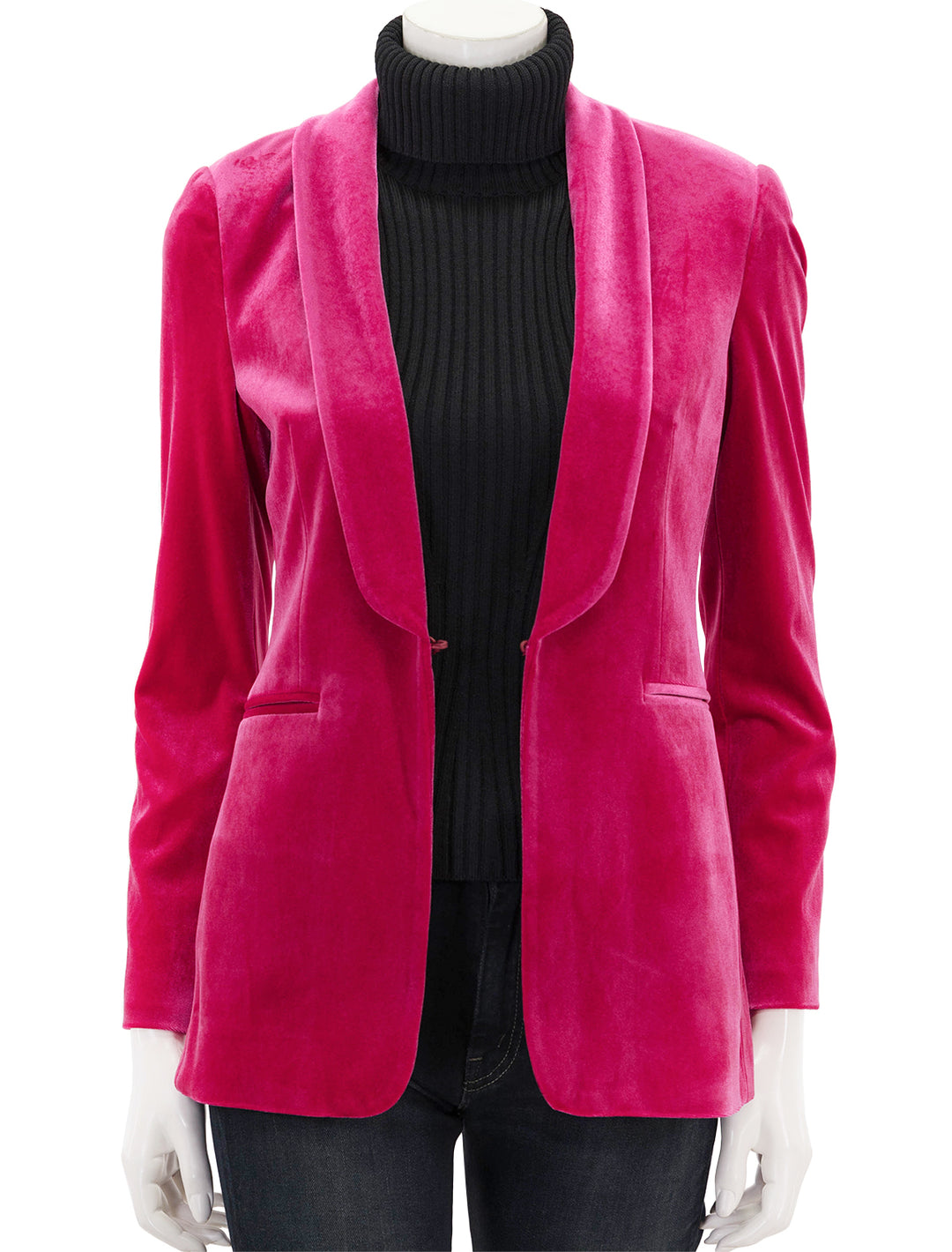 Front view of Vilagallo's pink velvet smoking jacket, unclasped.