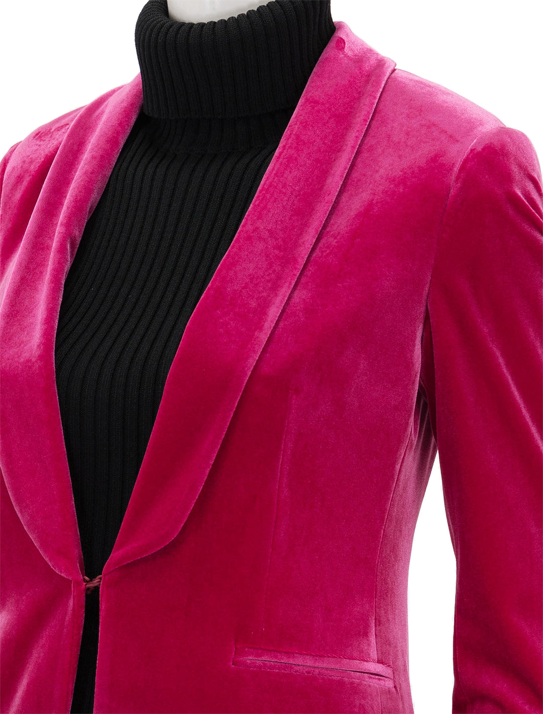 Close-up view of Vilagallo's pink velvet smoking jacket
