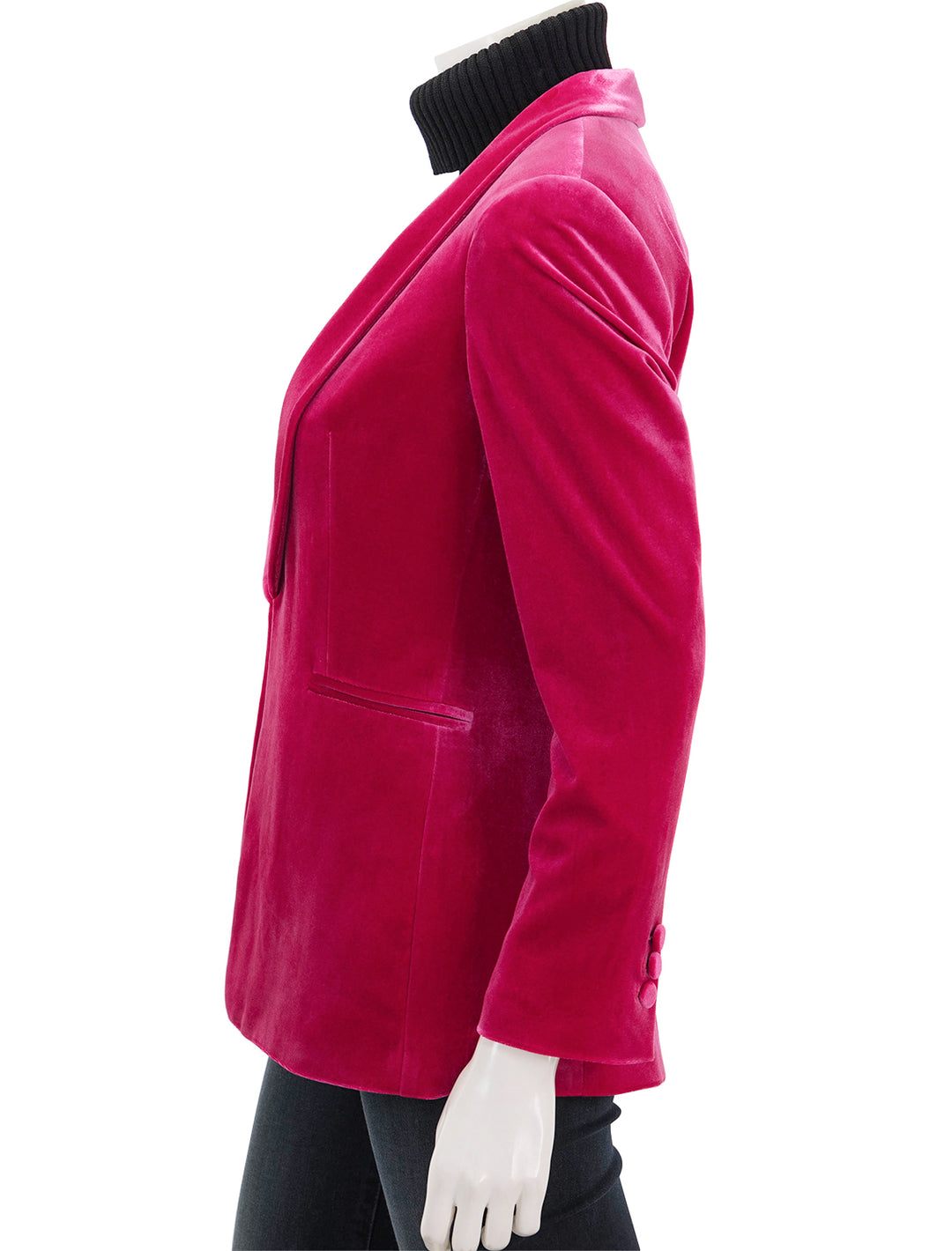 Side view of Vilagallo's pink velvet smoking jacket