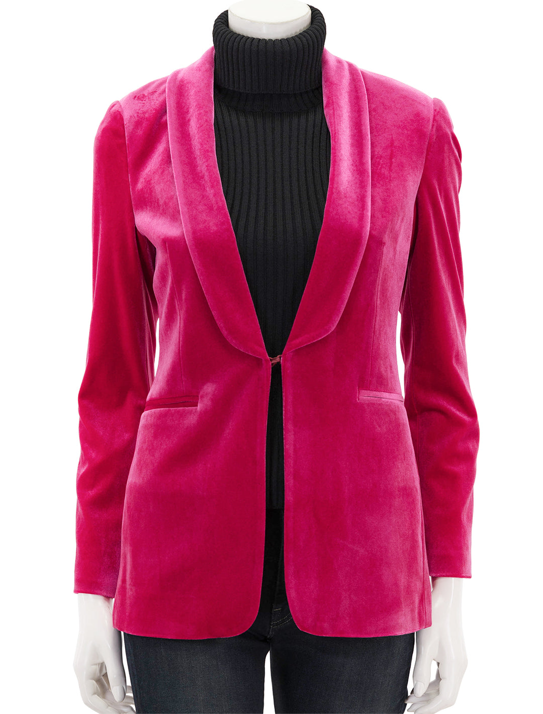 Front view of Vilagallo's pink velvet smoking jacket, clasped.