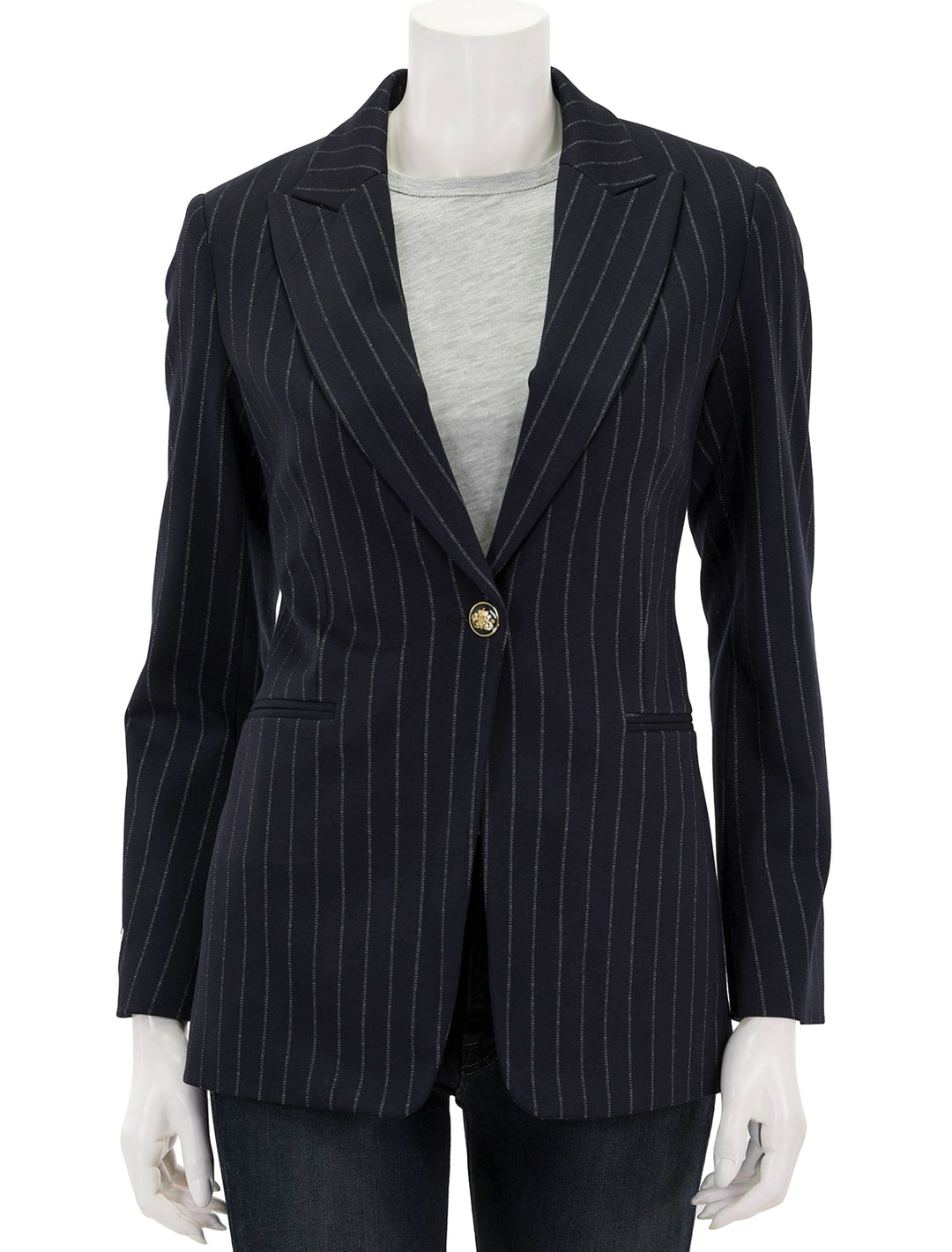 Front view of Vilagallo's katrina embroidered pinstripe knit blazer, buttoned.