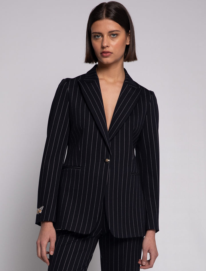 Model wearing Vilagallo's katrina embroidered pinstripe knit blazer.