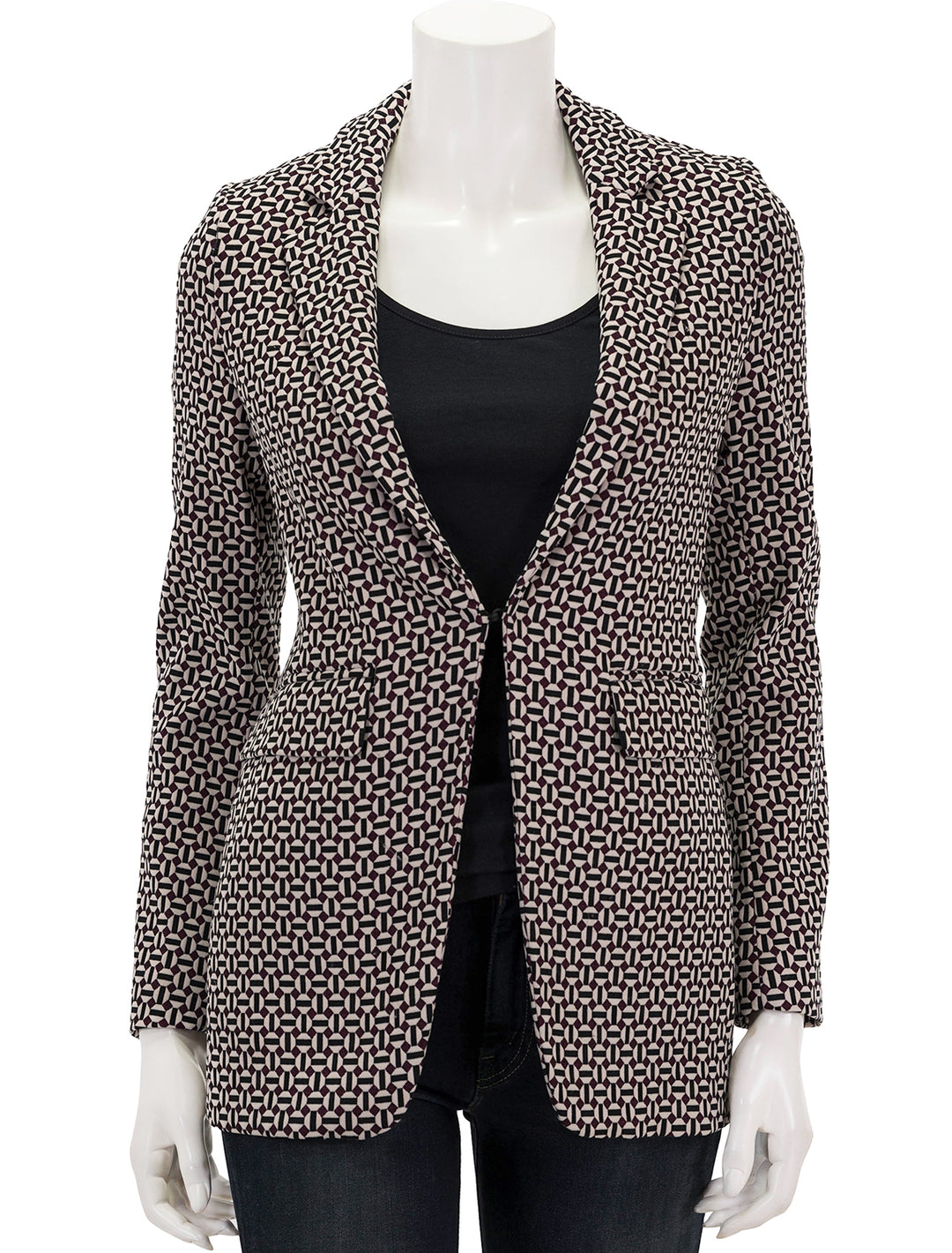 Front view of Vilagallo's andrea jacket in geometric bordeau, clasped.