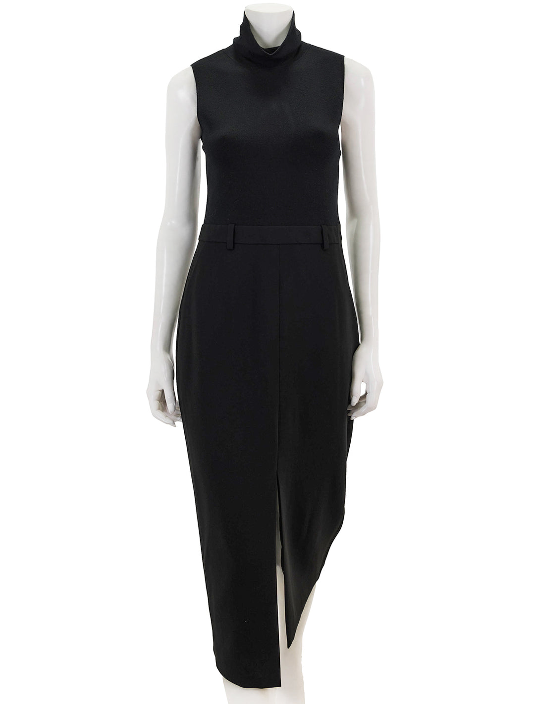 Front view of Theory's funnel neck dress in black.