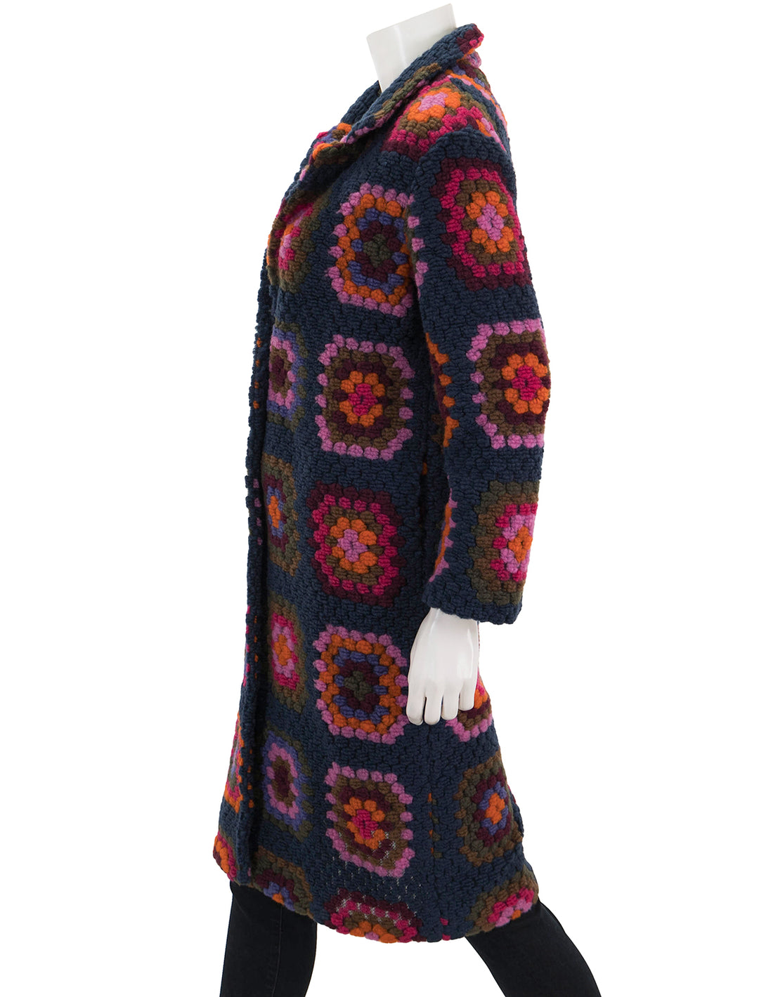Side view of Vilagallo's yana crochet cardigan coat.