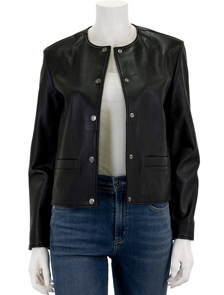 Front view of Theory's crop leather jacket.