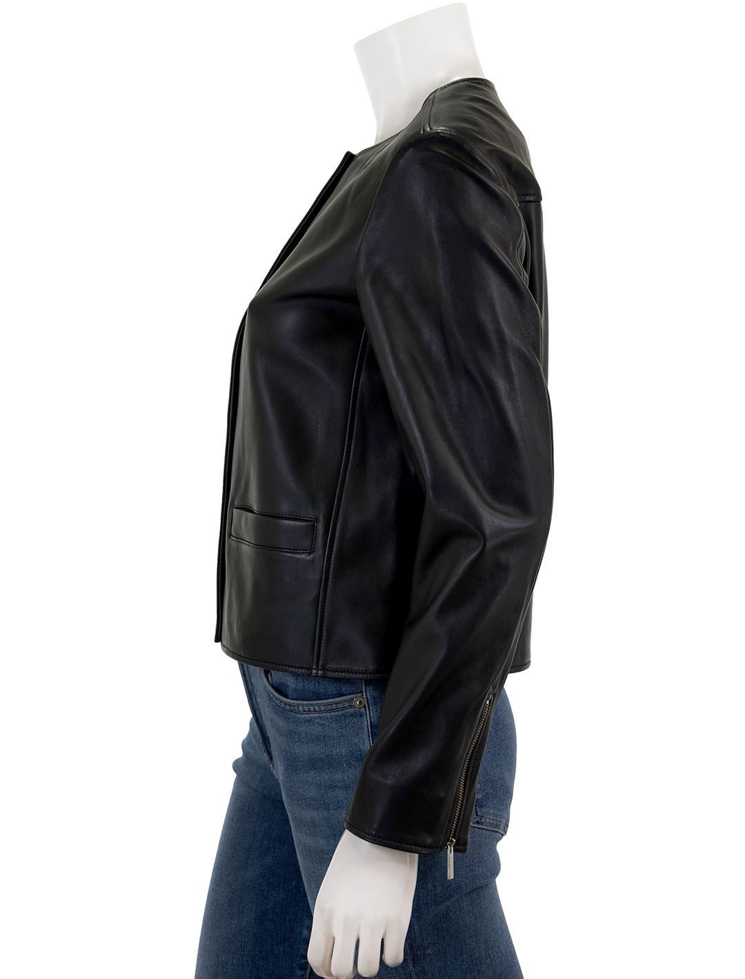 Side view of Theory's crop leather jacket.
