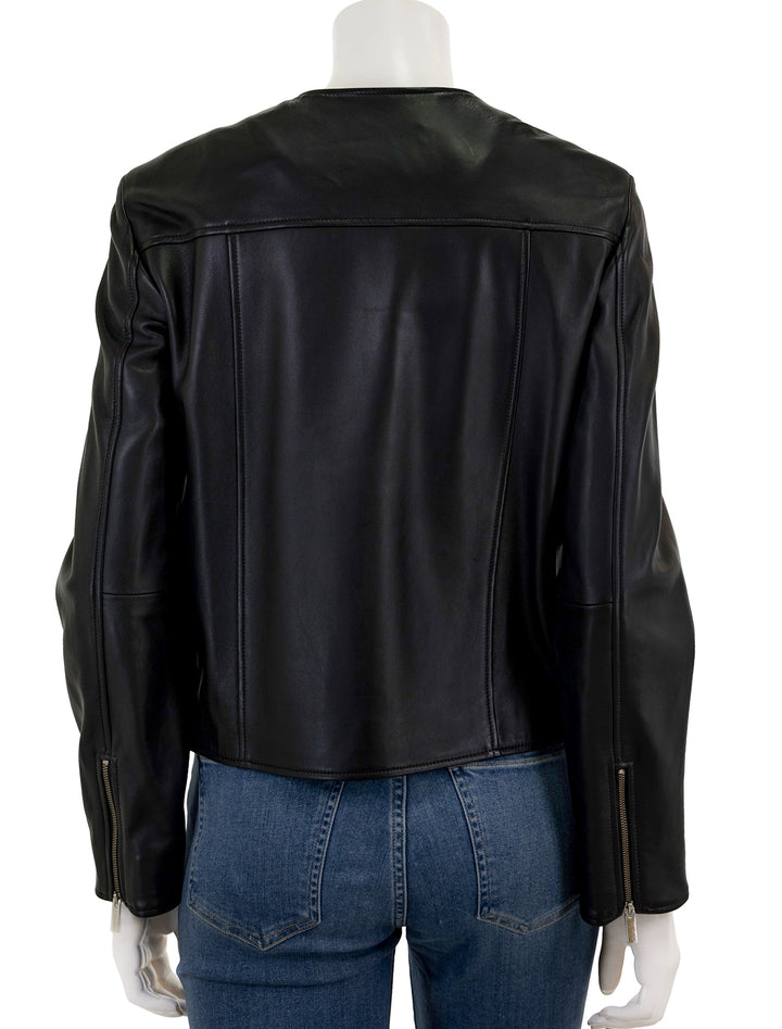 Back view of Theory's crop leather jacket.