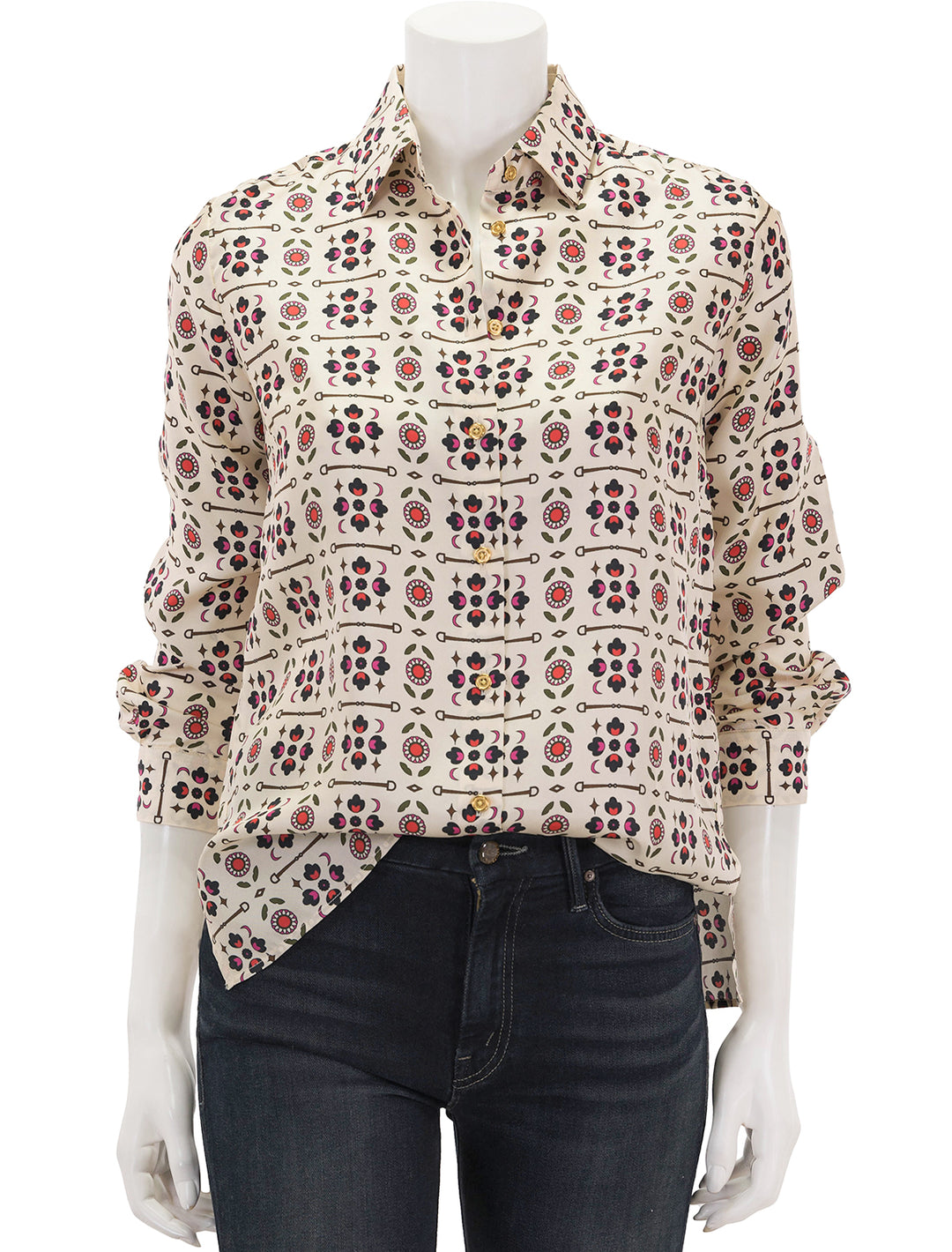 Front view of Vilagallo's camisa irina floral equestrian blouse.