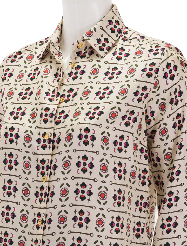 Close-up view of Vilagallo's camisa irina floral equestrian blouse.