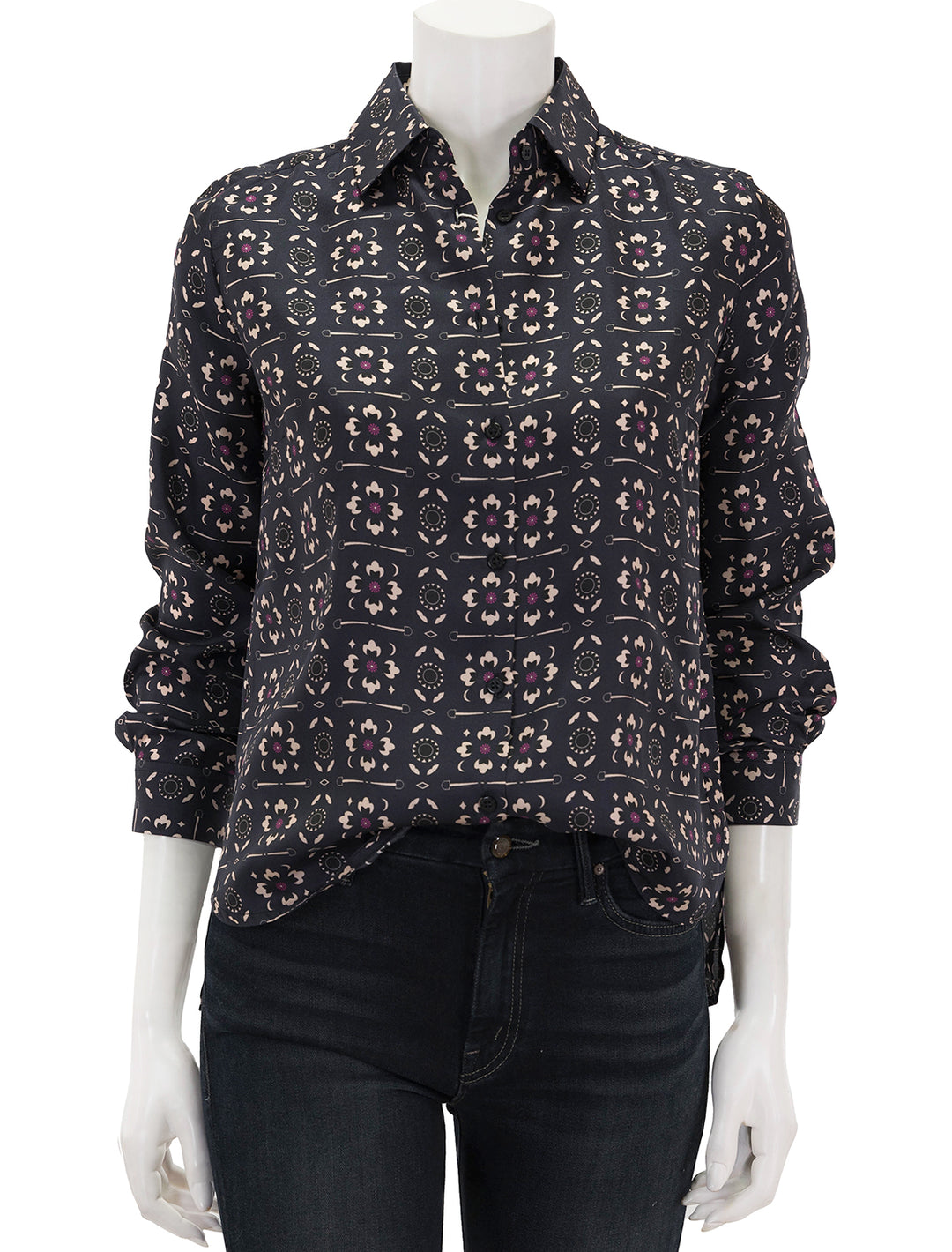 Front view of Vilagallo's camisa isabella floral equestrian blue blouse.