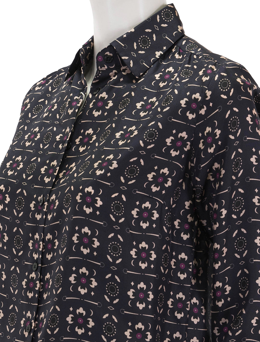 Close-up view of Vilagallo's camisa isabella floral equestrian blue blouse.