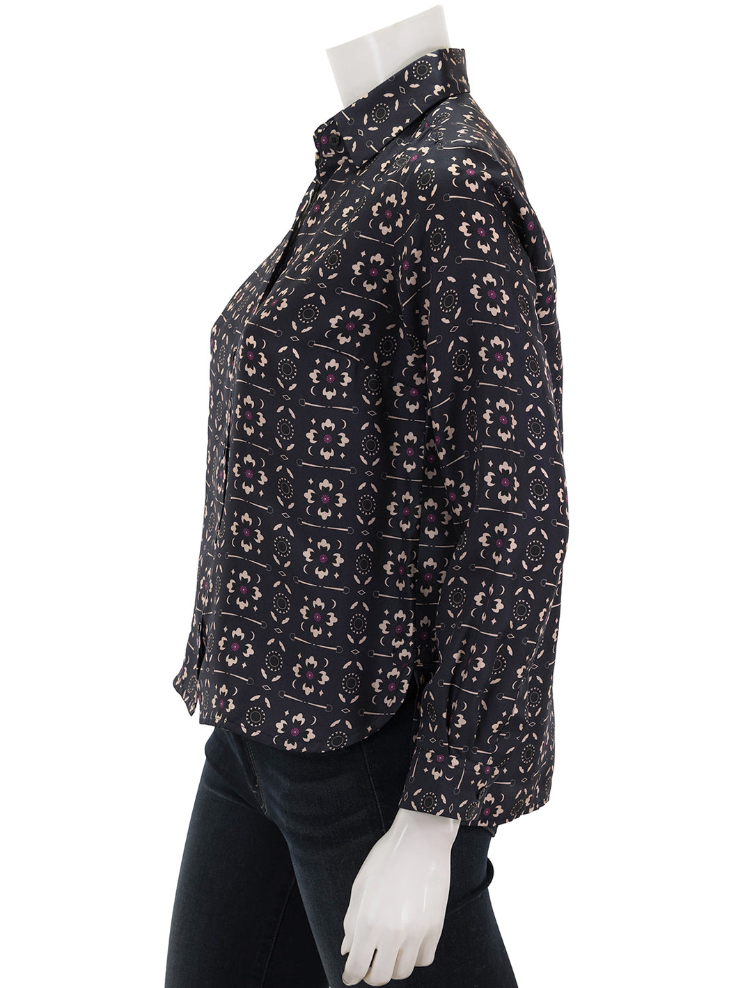 Side view of Vilagallo's camisa isabella floral equestrian blue blouse.