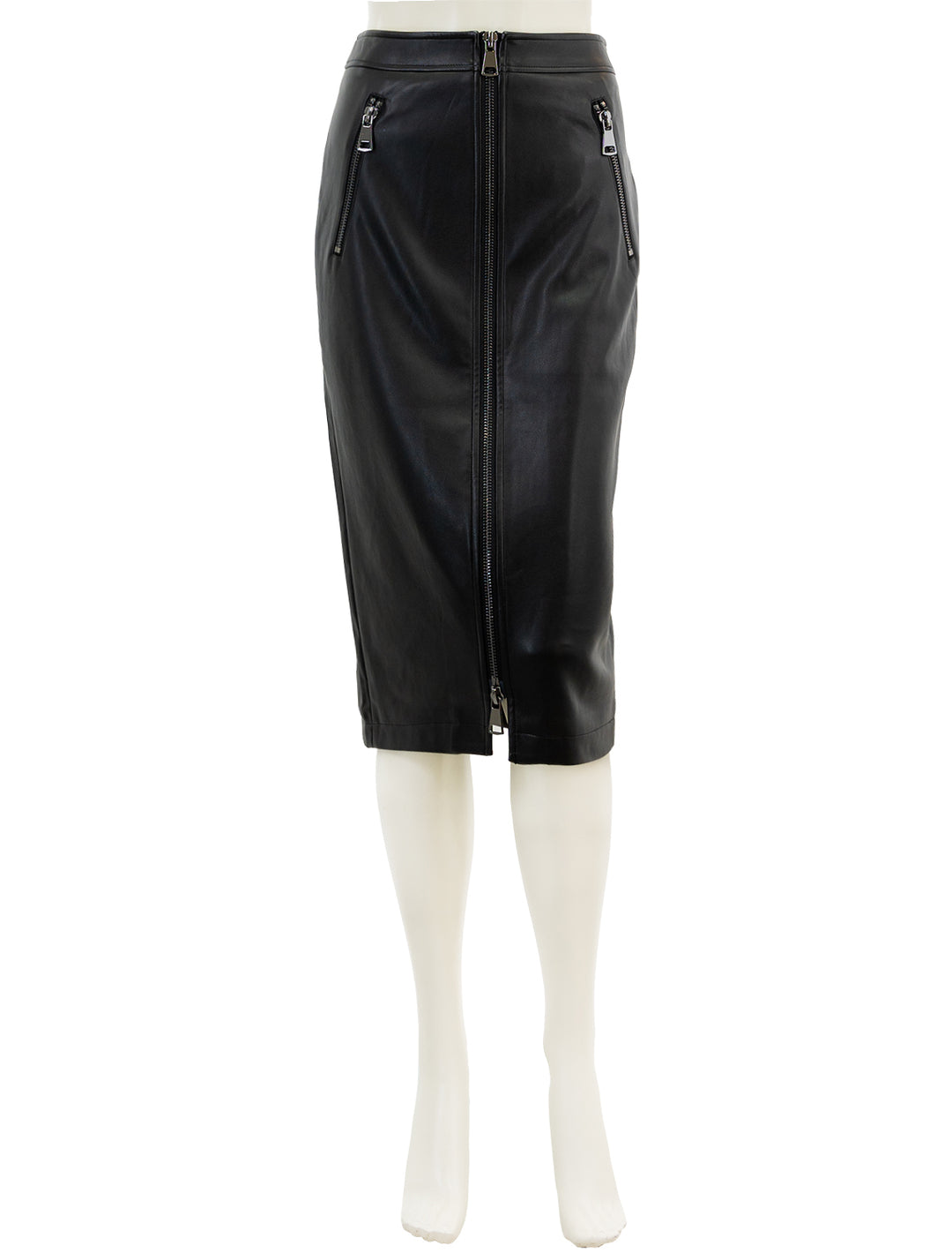 Front view of Essentiel Antwerp's encourage faux leather skirt in black.